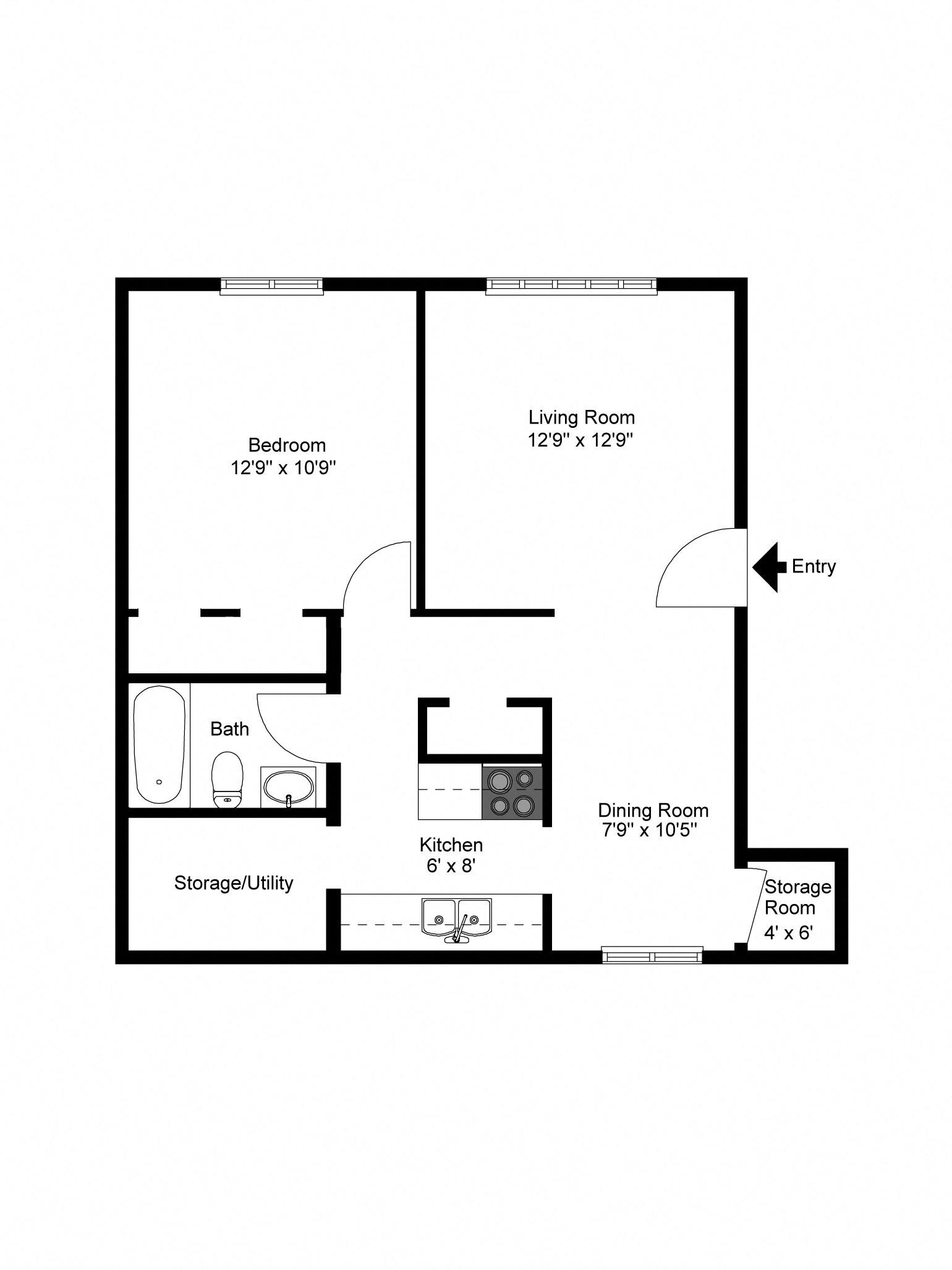 Floor plan for 1 bed, 1 bath, 750 sqft